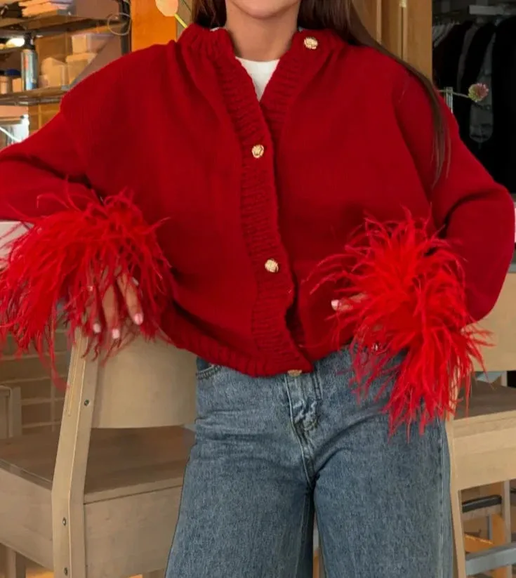 A&A Eline Red Feather Sleeve Knitted Cardigan