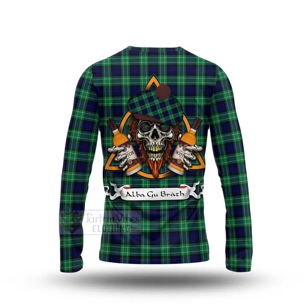 Abercrombie Tartan Long Sleeve T-Shirt with Family Crest and Bearded Skull Holding Bottles of Whiskey