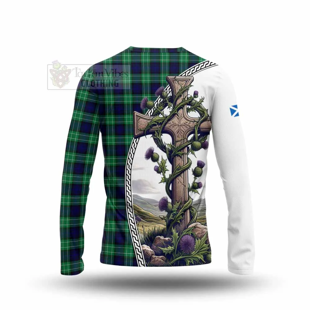 Abercrombie Tartan Long Sleeve T-Shirt with Family Crest and St. Andrew's Cross Accented by Thistle Vines