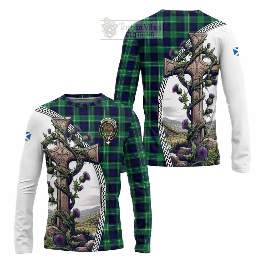 Abercrombie Tartan Long Sleeve T-Shirt with Family Crest and St. Andrew's Cross Accented by Thistle Vines