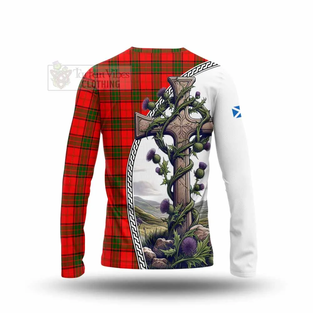 Adair Tartan Long Sleeve T-Shirt with Family Crest and St. Andrew's Cross Accented by Thistle Vines