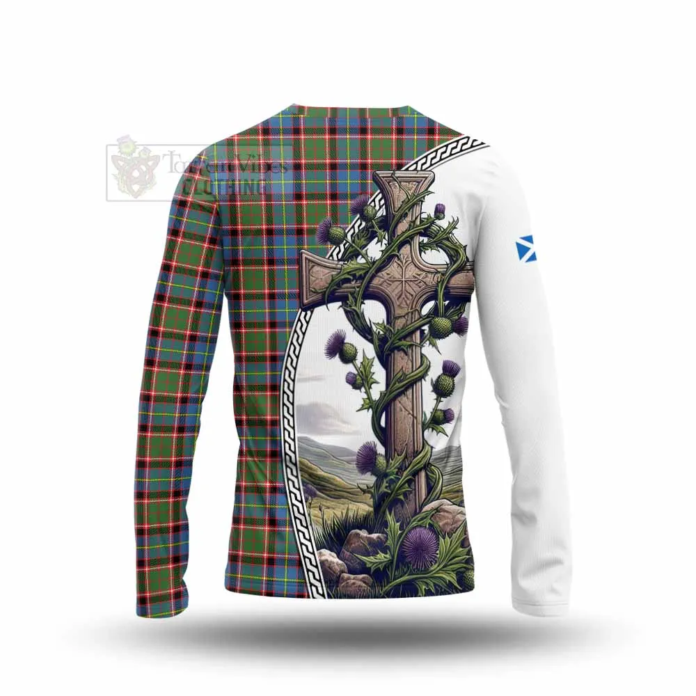 Aikenhead Tartan Long Sleeve T-Shirt with Family Crest and St. Andrew's Cross Accented by Thistle Vines