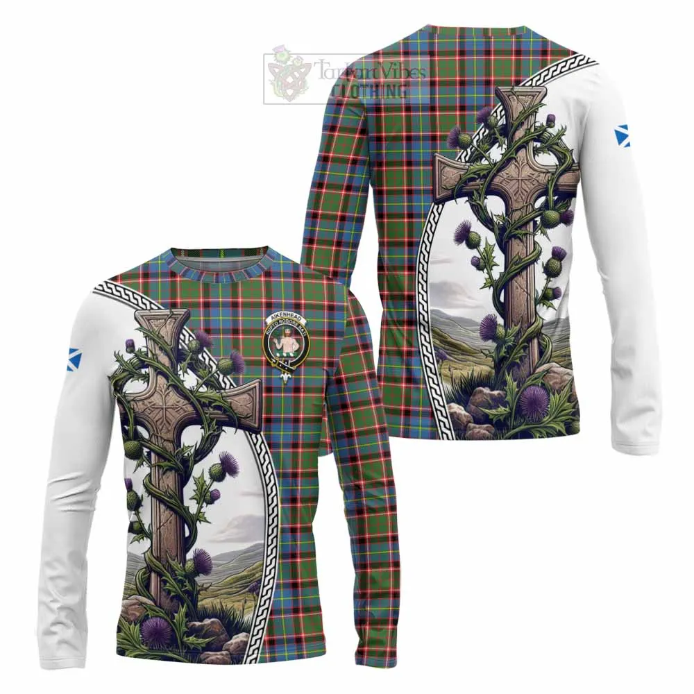 Aikenhead Tartan Long Sleeve T-Shirt with Family Crest and St. Andrew's Cross Accented by Thistle Vines