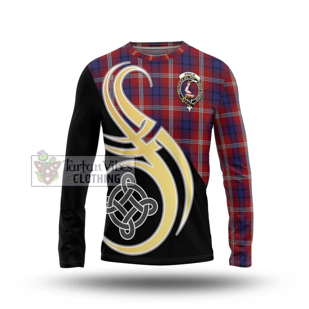 Ainslie Tartan Long Sleeve T-Shirt with Family Crest and Celtic Symbol Style