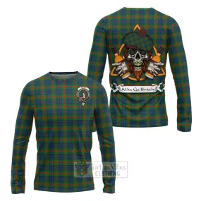 Aiton Tartan Long Sleeve T-Shirt with Family Crest and Bearded Skull Holding Bottles of Whiskey