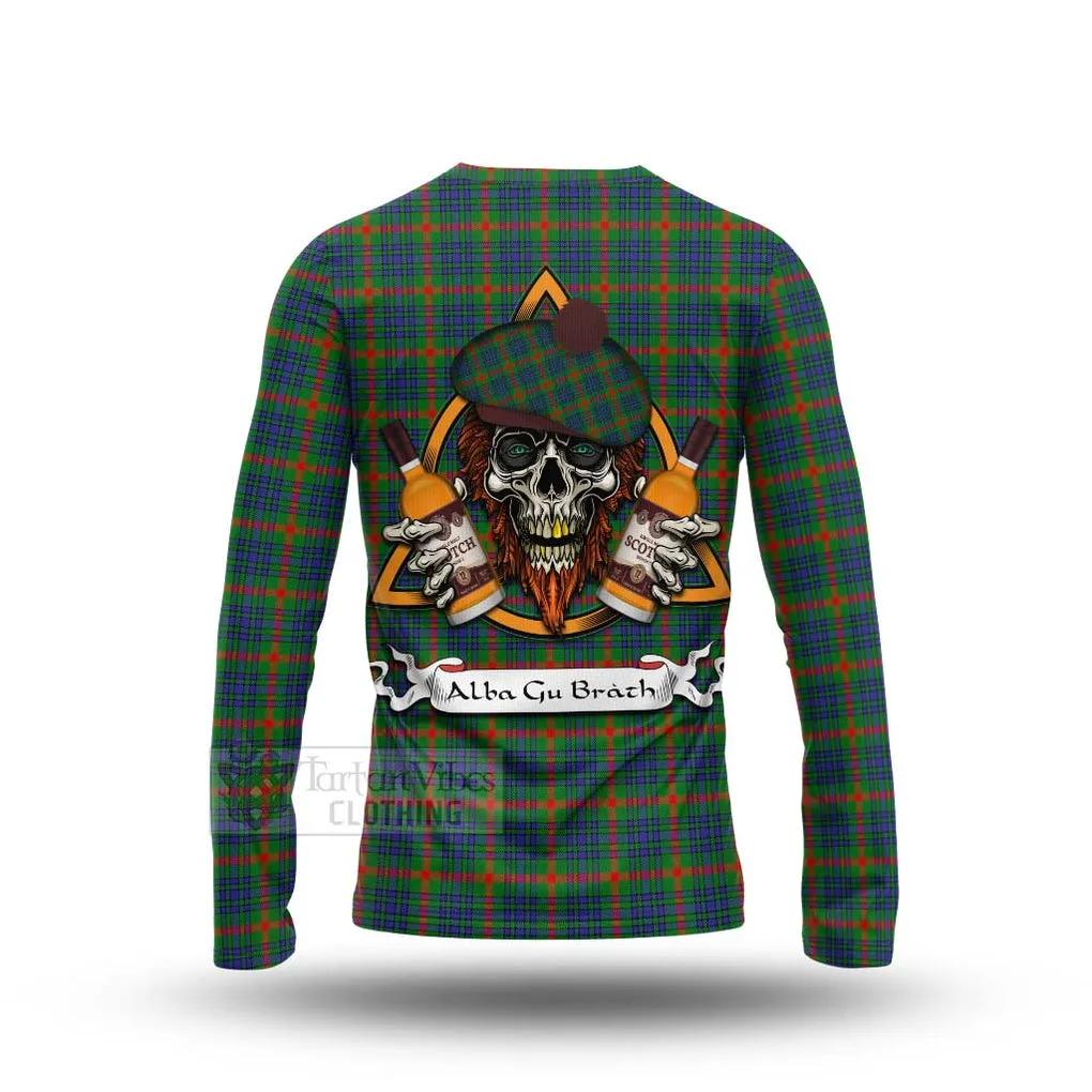 Aiton Tartan Long Sleeve T-Shirt with Family Crest and Bearded Skull Holding Bottles of Whiskey