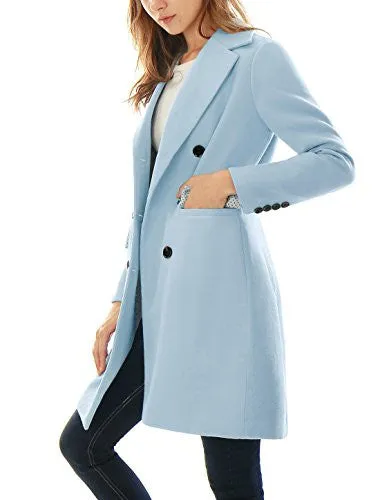 Allegra K Women Notched Lapel Double Breasted Trench Worsted Coat Blue L