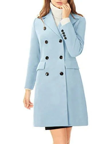 Allegra K Women Notched Lapel Double Breasted Trench Worsted Coat Blue L