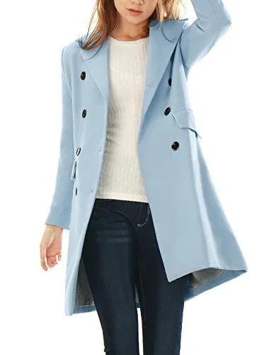 Allegra K Women Notched Lapel Double Breasted Trench Worsted Coat Blue L