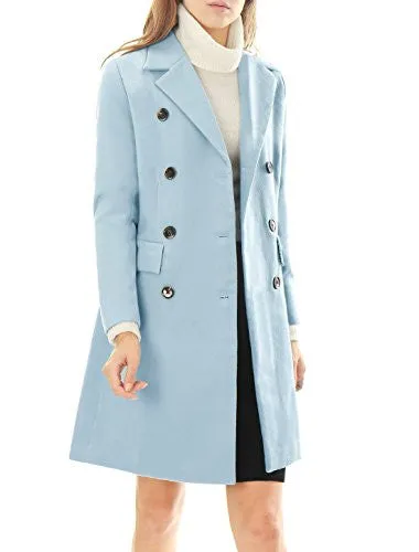 Allegra K Women Notched Lapel Double Breasted Trench Worsted Coat Blue L