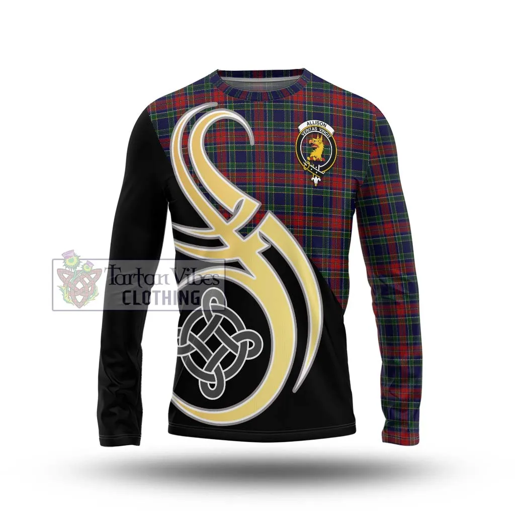 Allison Red Tartan Long Sleeve T-Shirt with Family Crest and Celtic Symbol Style