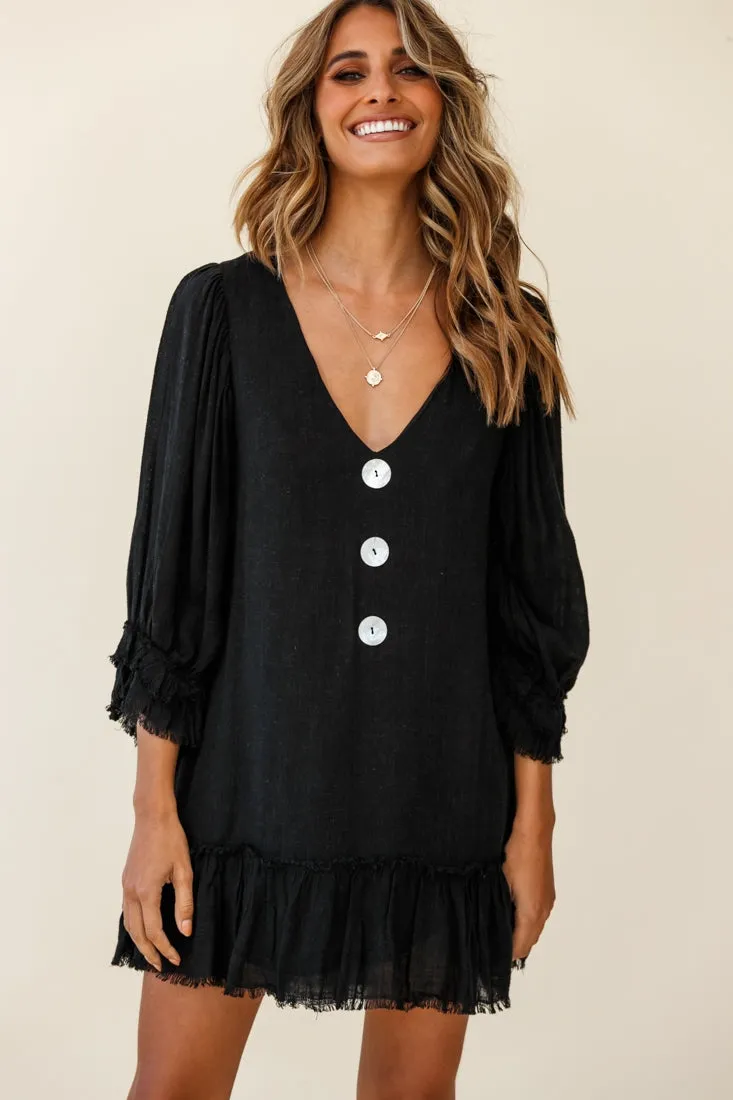 Amala Balloon Sleeve Button Detail Linen Dress Black