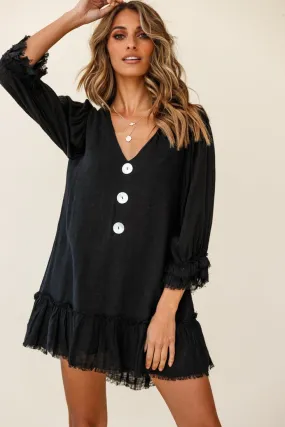 Amala Balloon Sleeve Button Detail Linen Dress Black