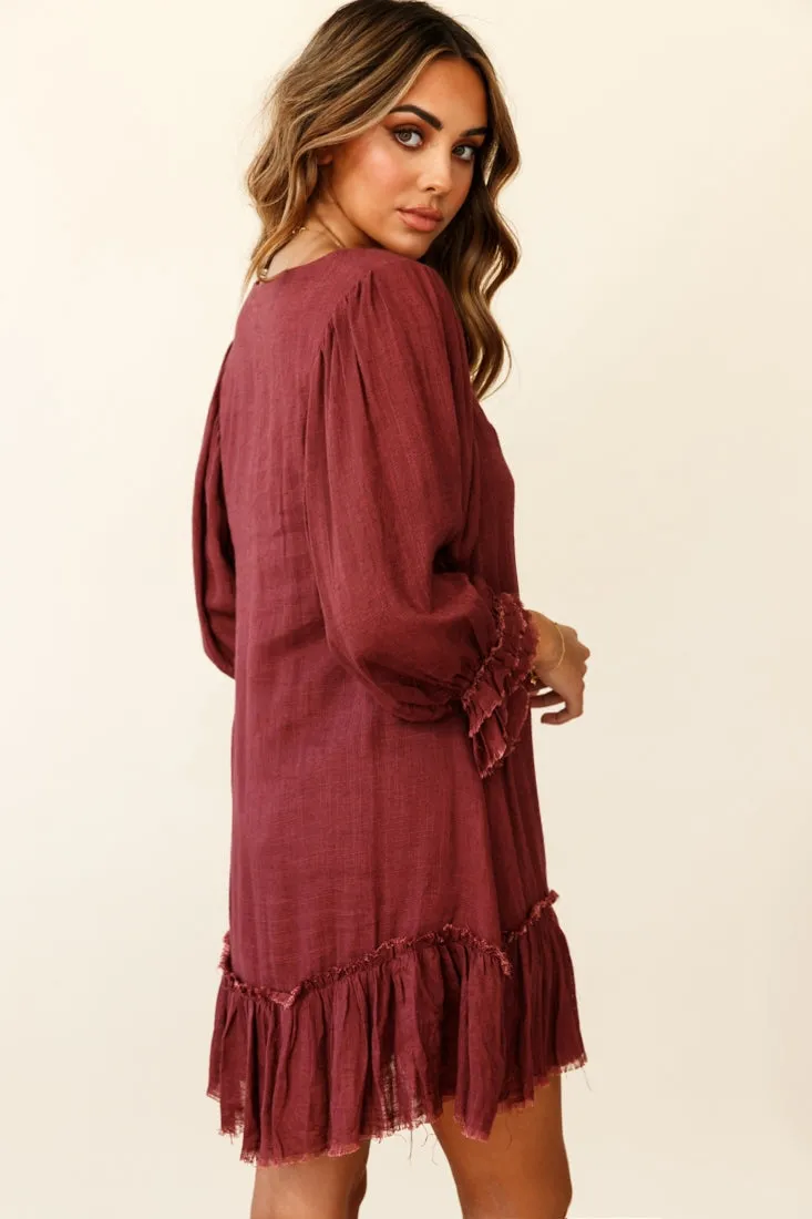 Amala Balloon Sleeve Button Detail Linen Dress Maroon