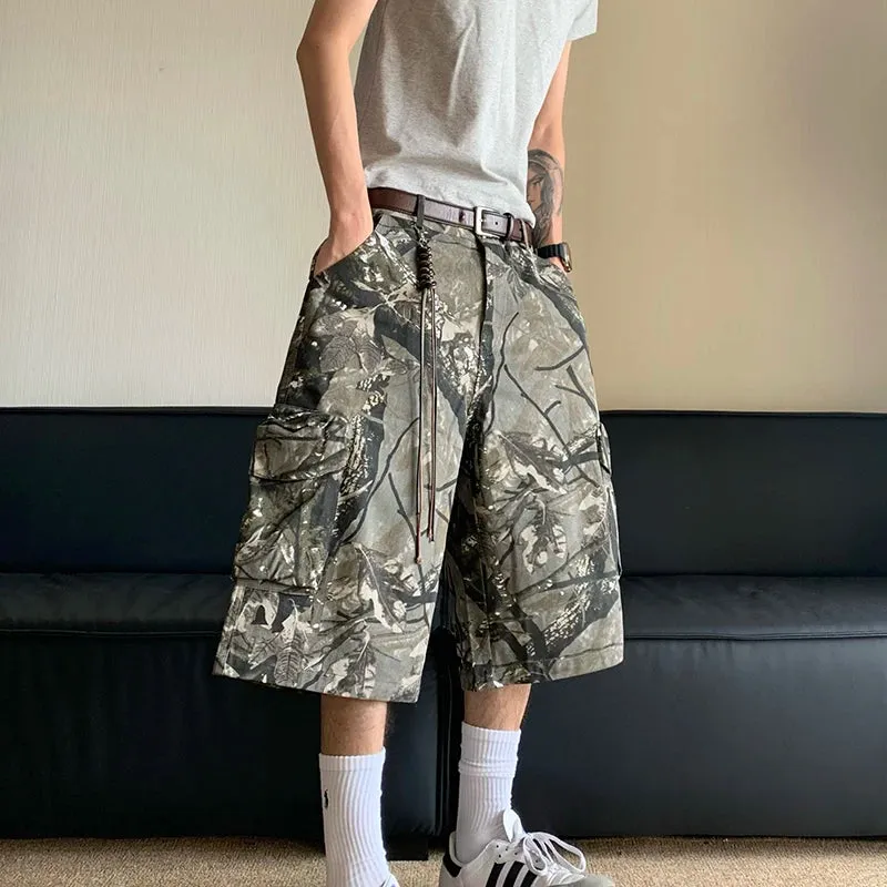 American Style Camouflage Workwear Cropped Pants Summer New Leg Length Loose Contrast Color Male Trousers 24E1040