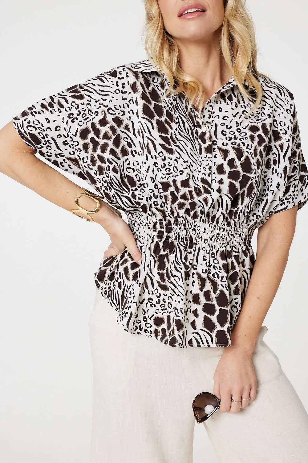 Animal Print Shirred Waist Blouse