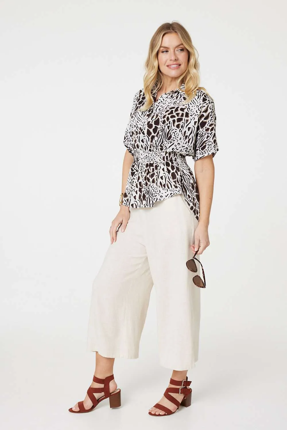 Animal Print Shirred Waist Blouse