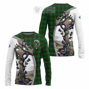 Anstruther Tartan Long Sleeve T-Shirt with Family Crest and St. Andrew's Cross Accented by Thistle Vines