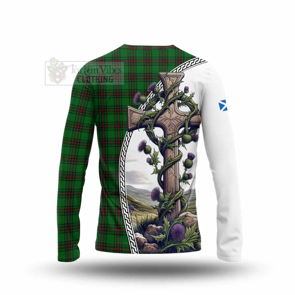 Anstruther Tartan Long Sleeve T-Shirt with Family Crest and St. Andrew's Cross Accented by Thistle Vines