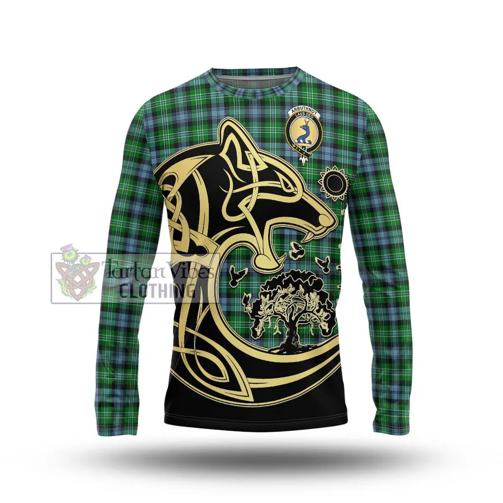 Arbuthnot Ancient Tartan Long Sleeve T-Shirt with Family Crest Celtic Wolf Style