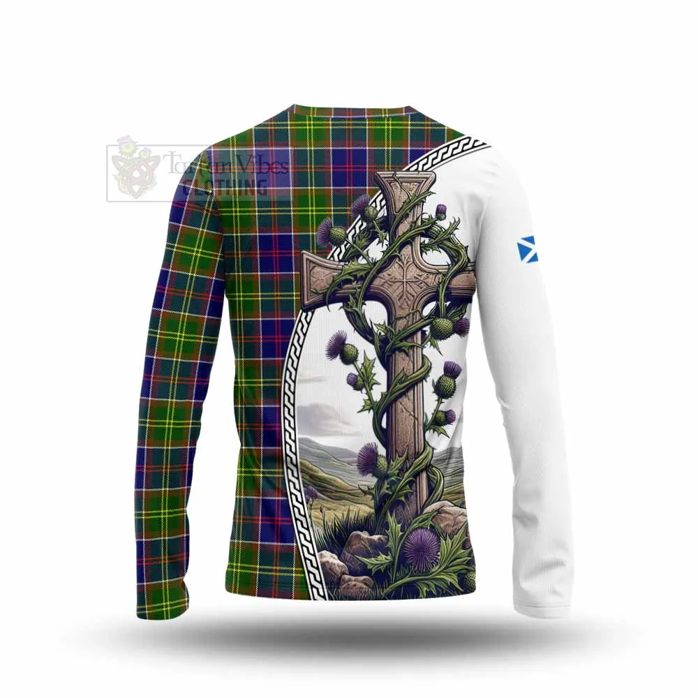 Arnott Tartan Long Sleeve T-Shirt with Family Crest and St. Andrew's Cross Accented by Thistle Vines