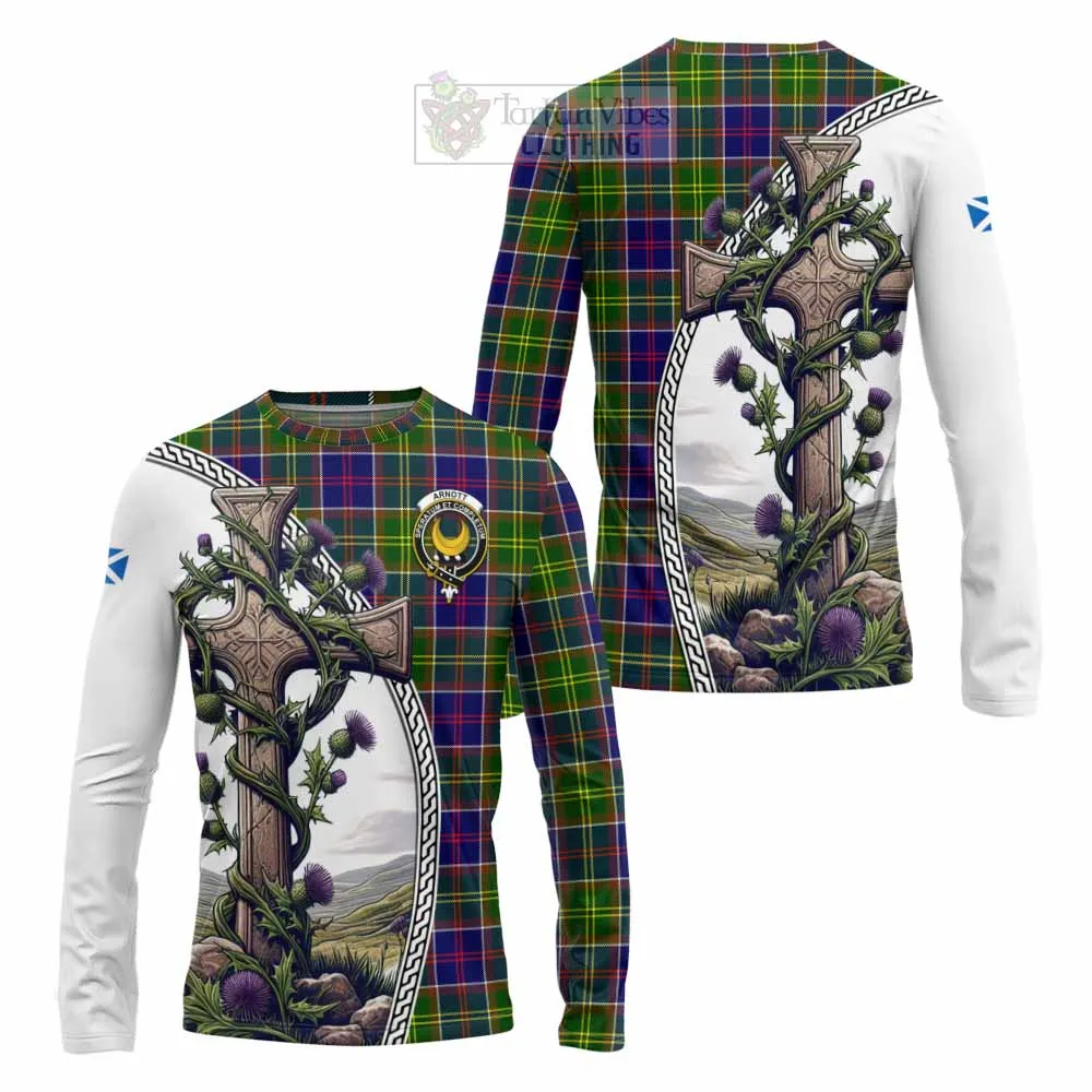 Arnott Tartan Long Sleeve T-Shirt with Family Crest and St. Andrew's Cross Accented by Thistle Vines