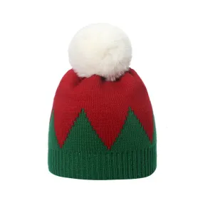 Autumn and winter knitted hat green red stitching wool hat warm fur ball cold hat Christmas hat