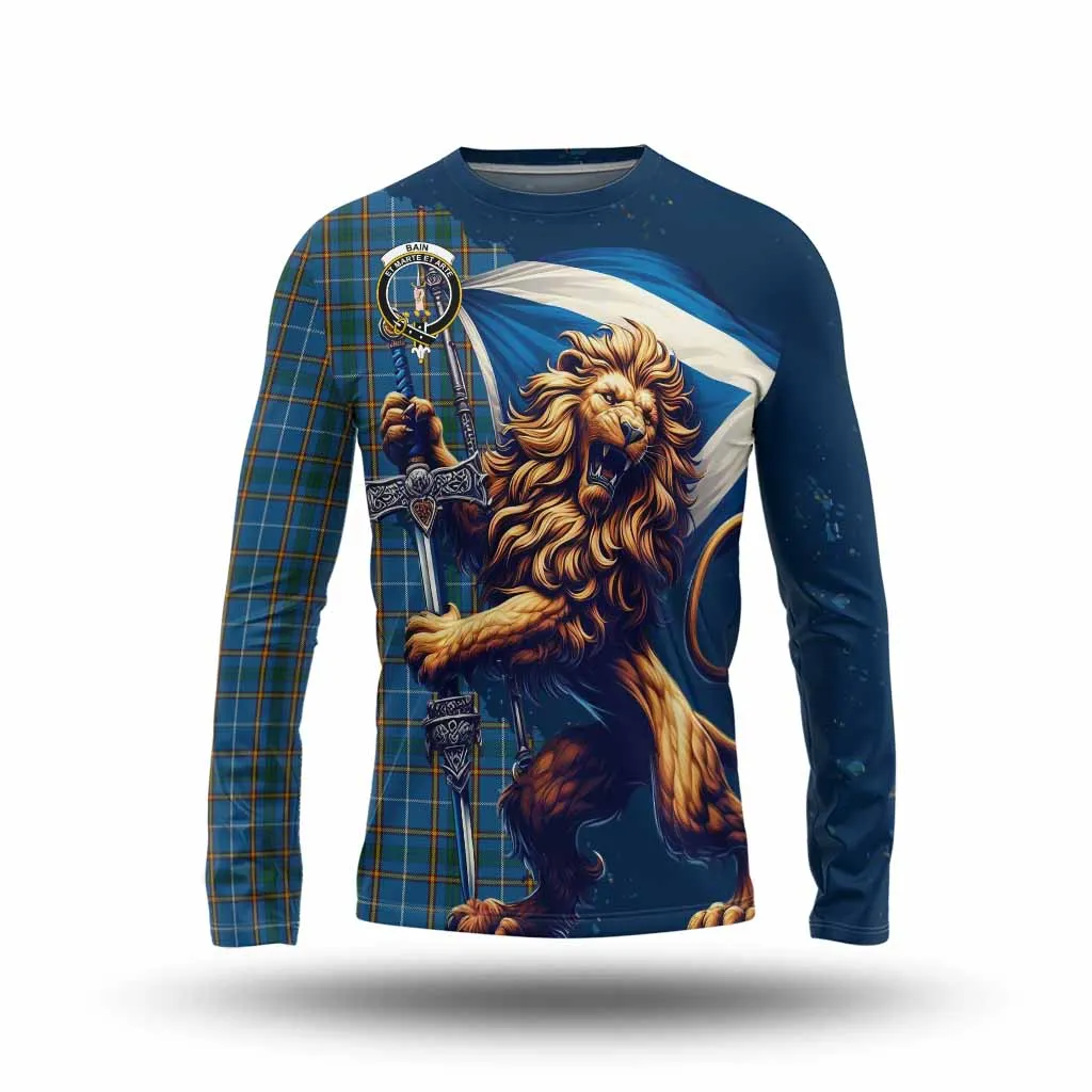 Bain Tartan Family Crest Long Sleeve T-Shirt with Scottish Majestic Lion