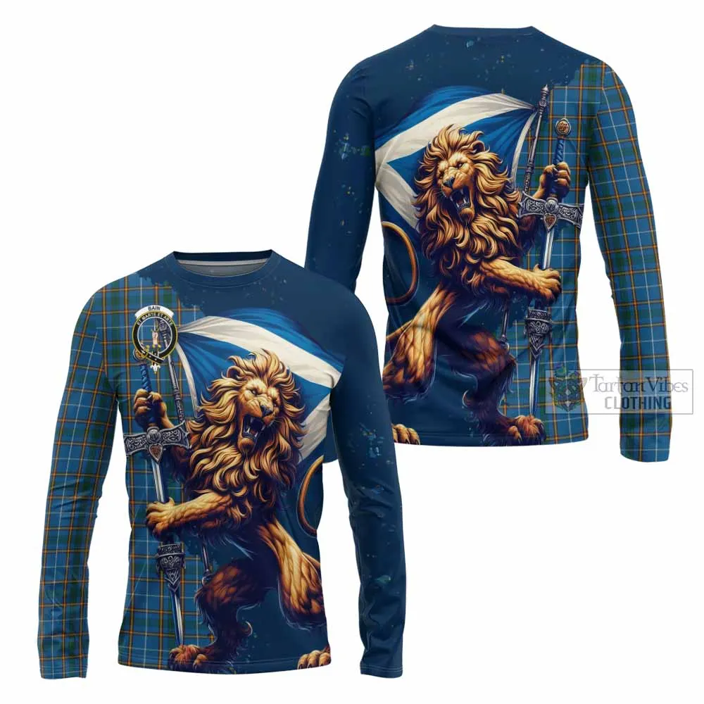 Bain Tartan Family Crest Long Sleeve T-Shirt with Scottish Majestic Lion