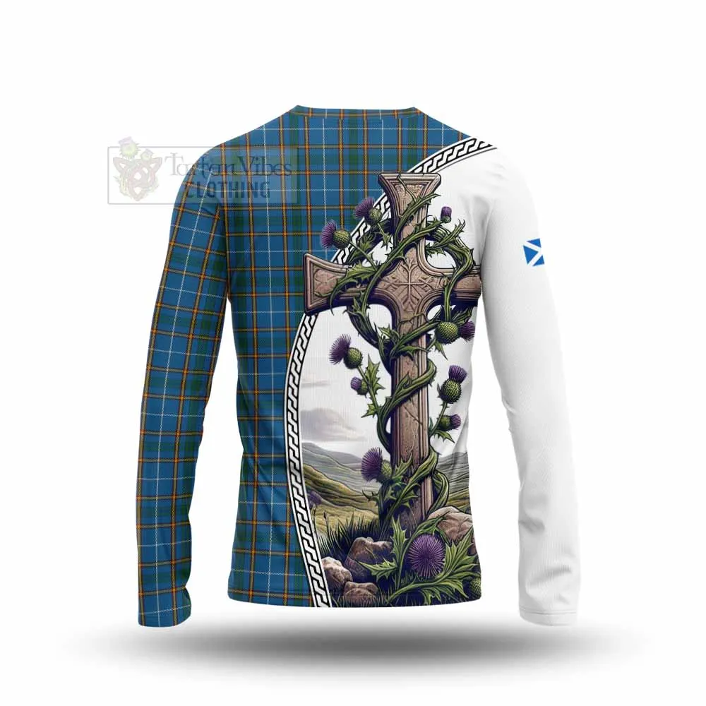 Bain Tartan Long Sleeve T-Shirt with Family Crest and St. Andrew's Cross Accented by Thistle Vines