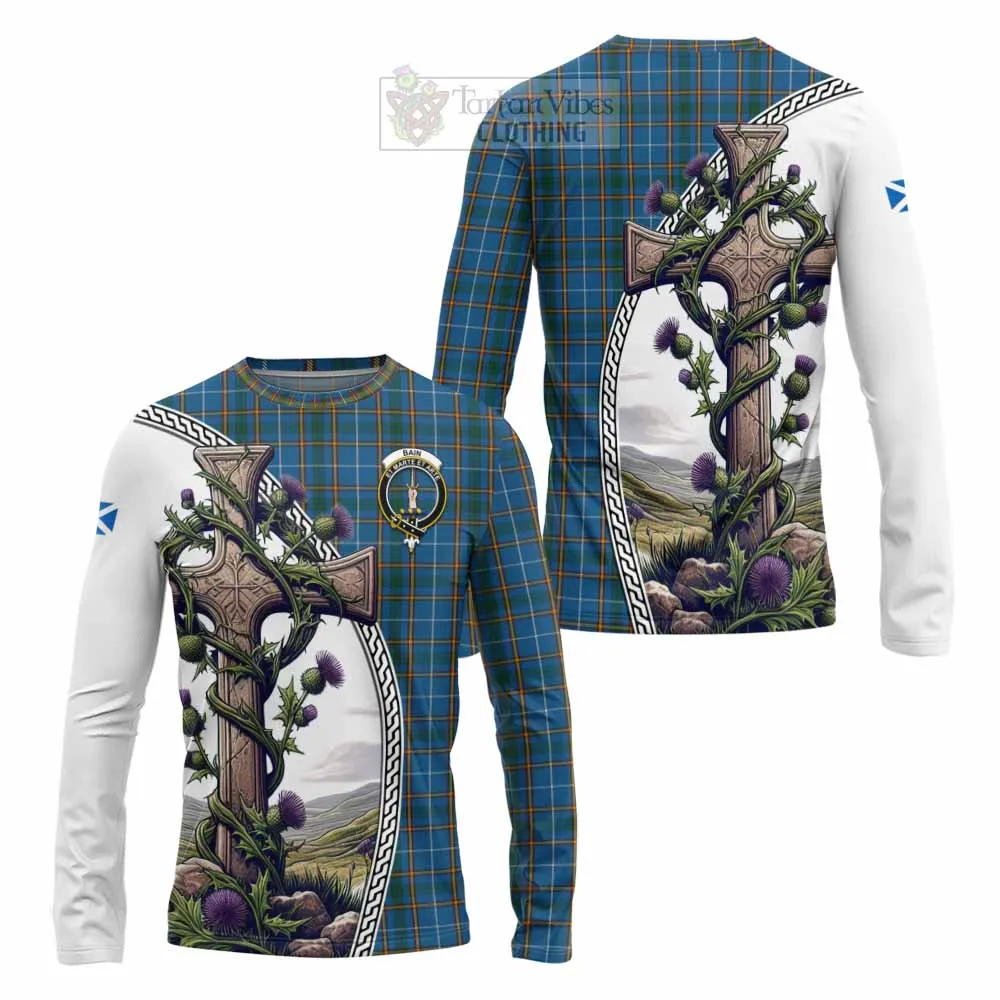 Bain Tartan Long Sleeve T-Shirt with Family Crest and St. Andrew's Cross Accented by Thistle Vines