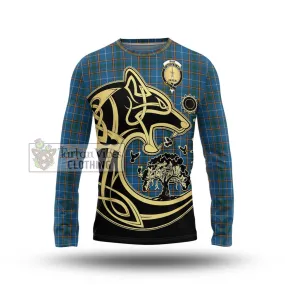 Bain Tartan Long Sleeve T-Shirt with Family Crest Celtic Wolf Style