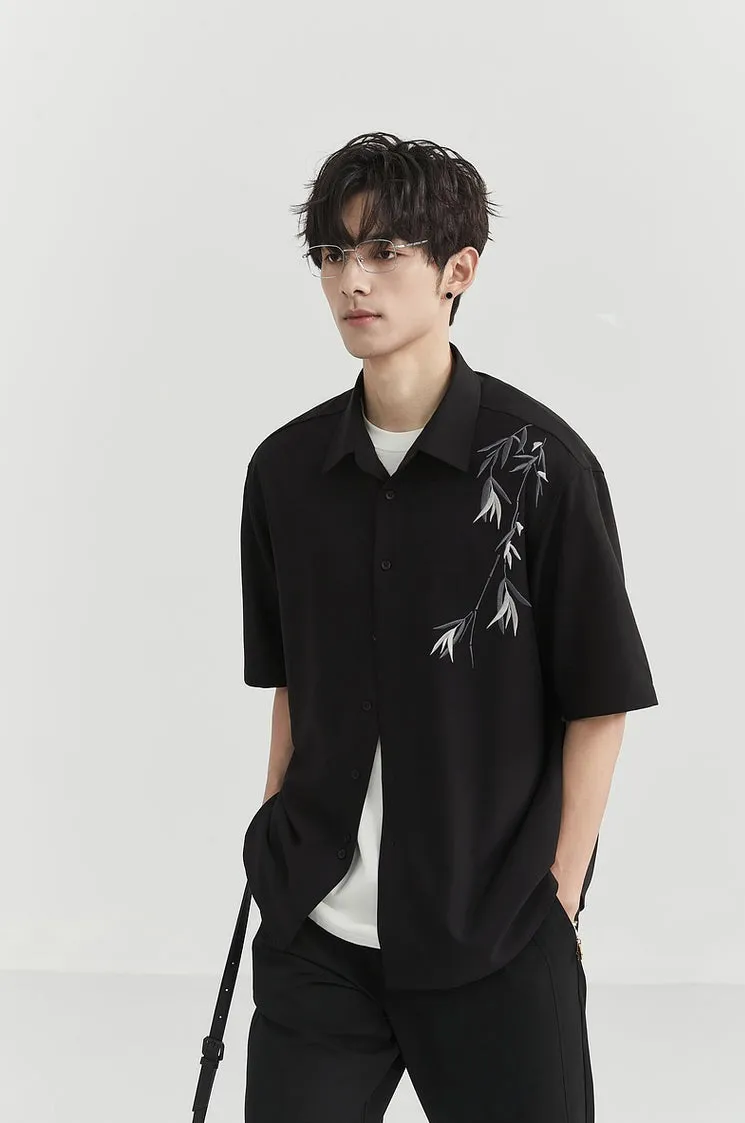 Bamboo Print Short Sleeve Button Shirt