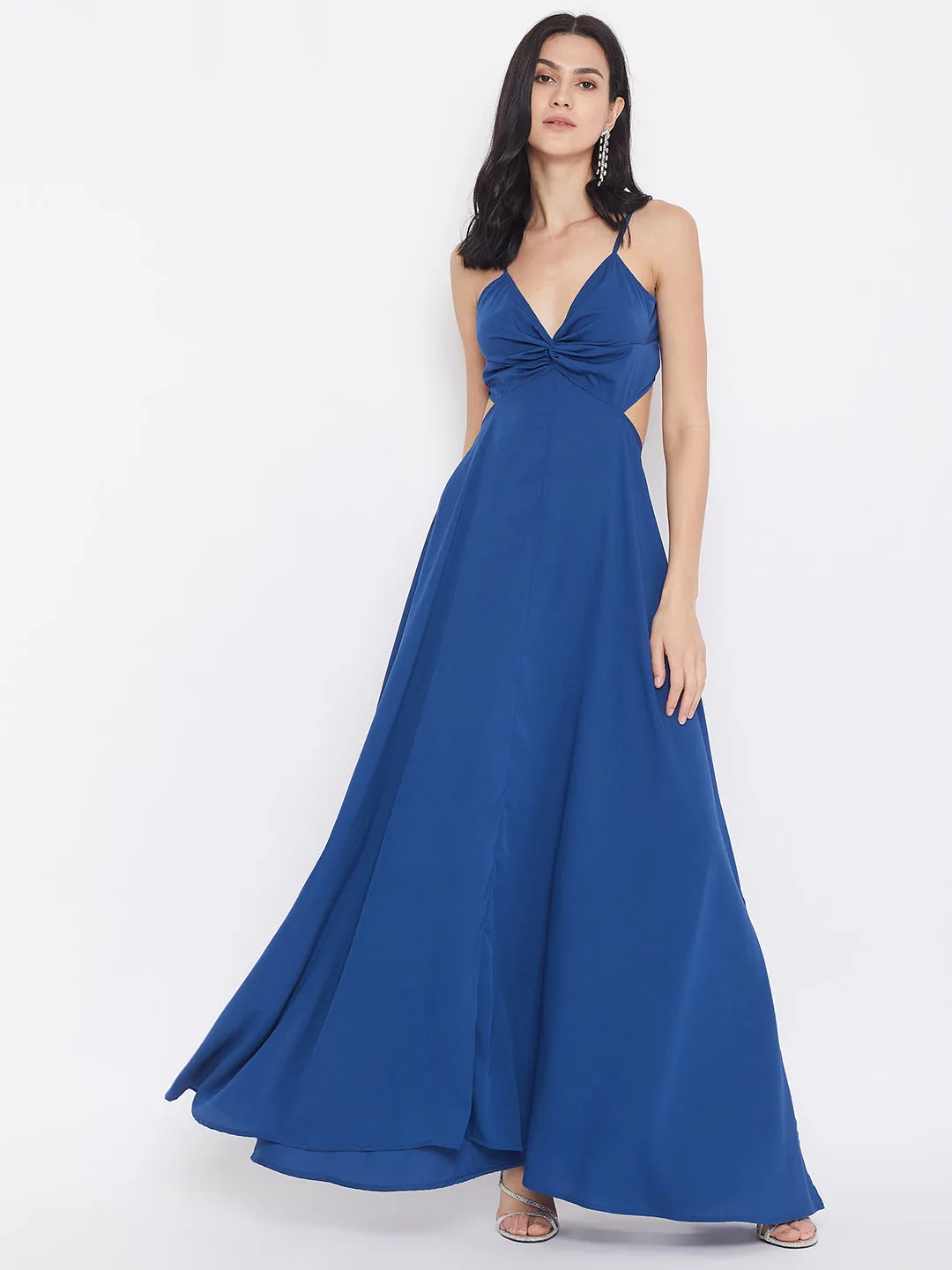 Berrylush Women Solid Blue Strappy V-Neck A-Line Maxi Dress