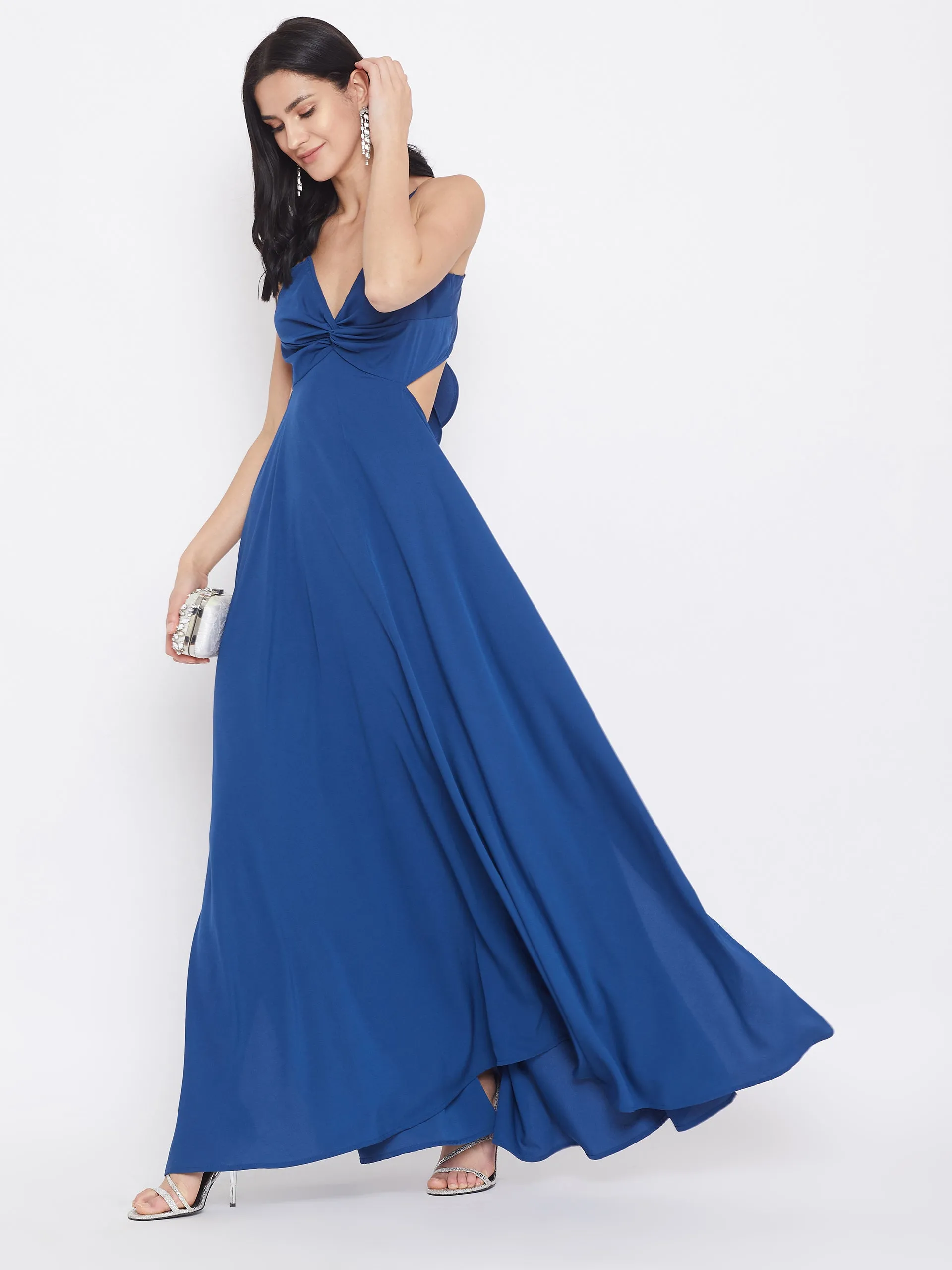 Berrylush Women Solid Blue Strappy V-Neck A-Line Maxi Dress