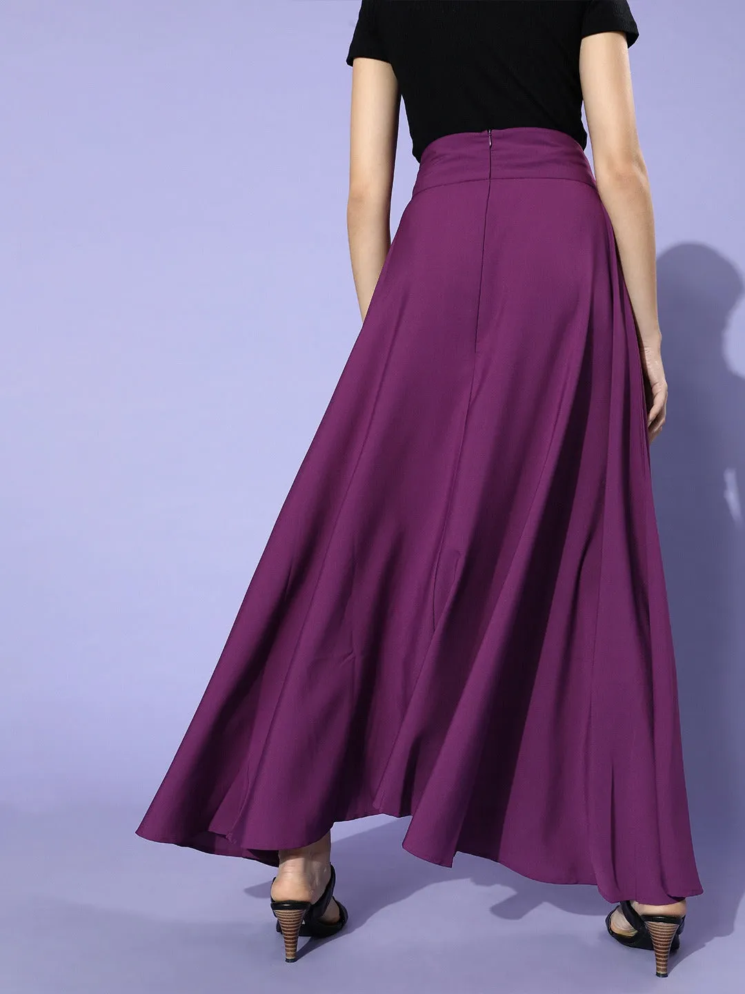 Berrylush Women Solid Dark Purple Flared Waist Tie-Up Maxi Skirt