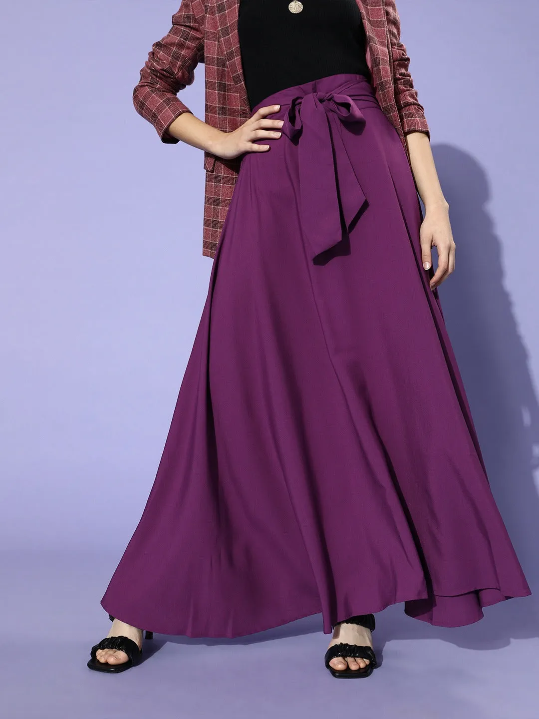 Berrylush Women Solid Dark Purple Flared Waist Tie-Up Maxi Skirt