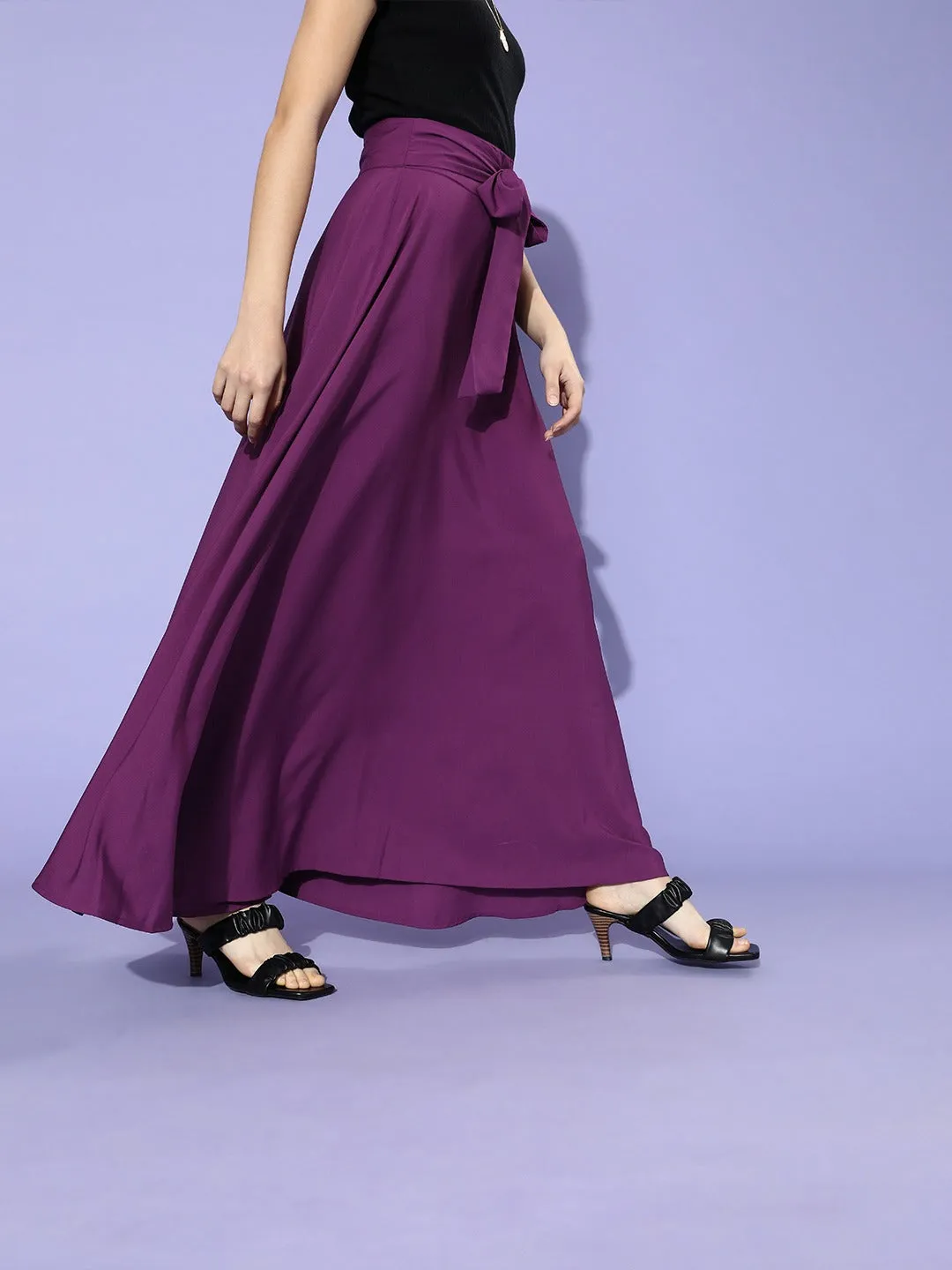 Berrylush Women Solid Dark Purple Flared Waist Tie-Up Maxi Skirt