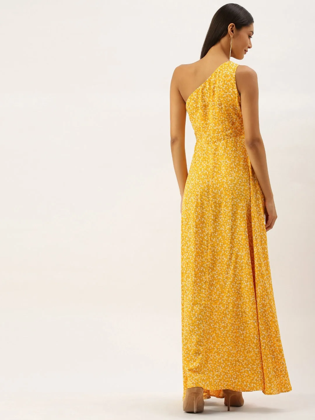 Berrylush Women Yellow Floral Print One Shoulder Maxi Dress