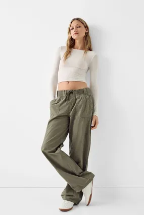 Bershka Straight fit cotton trousers with ribbed waist