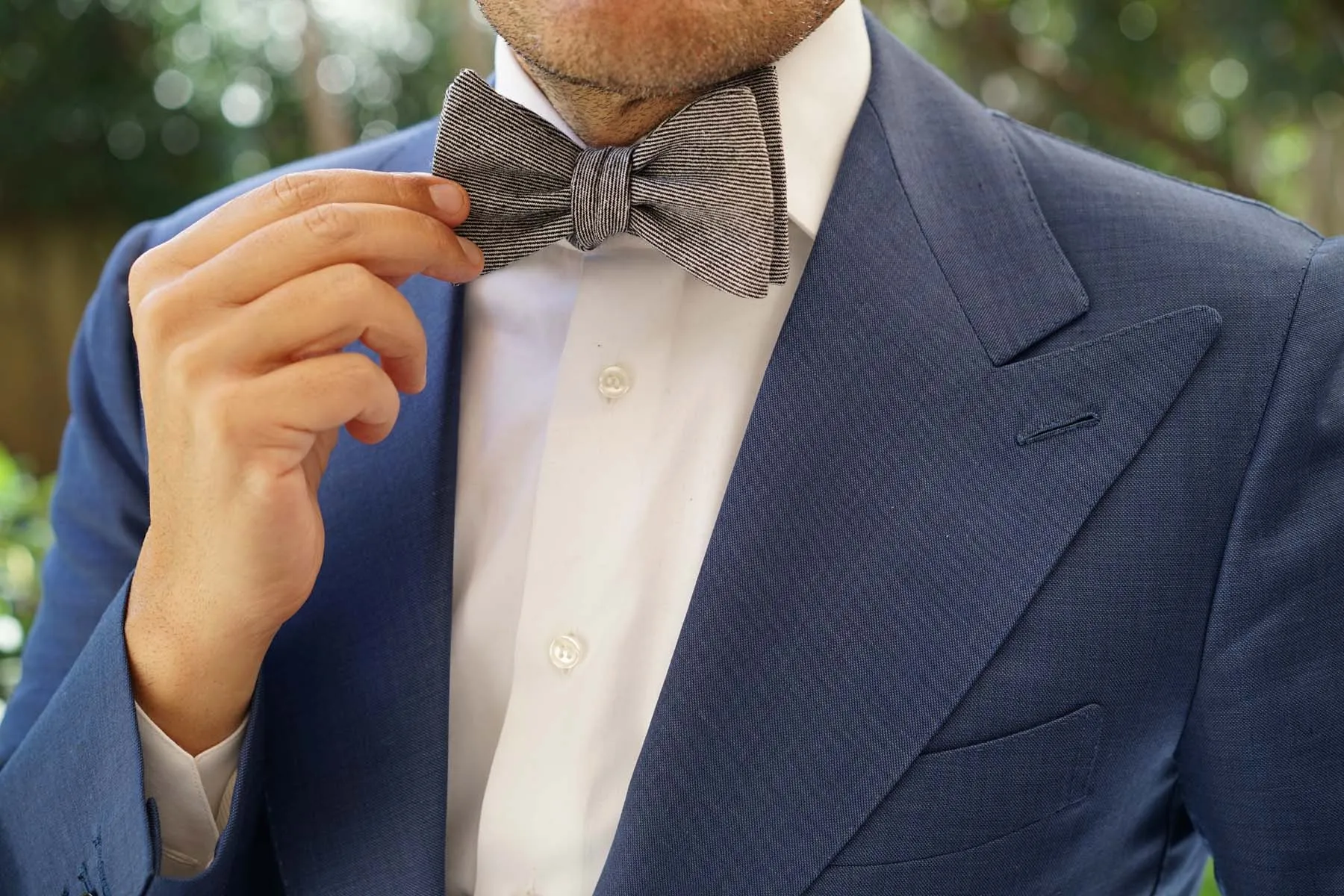 Black & White Twill Stripe Linen Self Tie Bow Tie