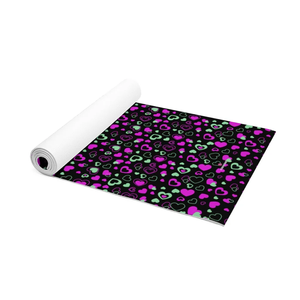 Black Hearts Foam Yoga Mat, Hearts Pattern Best Lightweight 0.25" thick Mat - Printed in USA (Size: 24″x72")