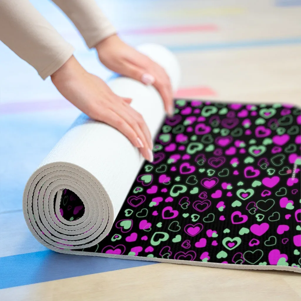 Black Hearts Foam Yoga Mat, Hearts Pattern Best Lightweight 0.25" thick Mat - Printed in USA (Size: 24″x72")