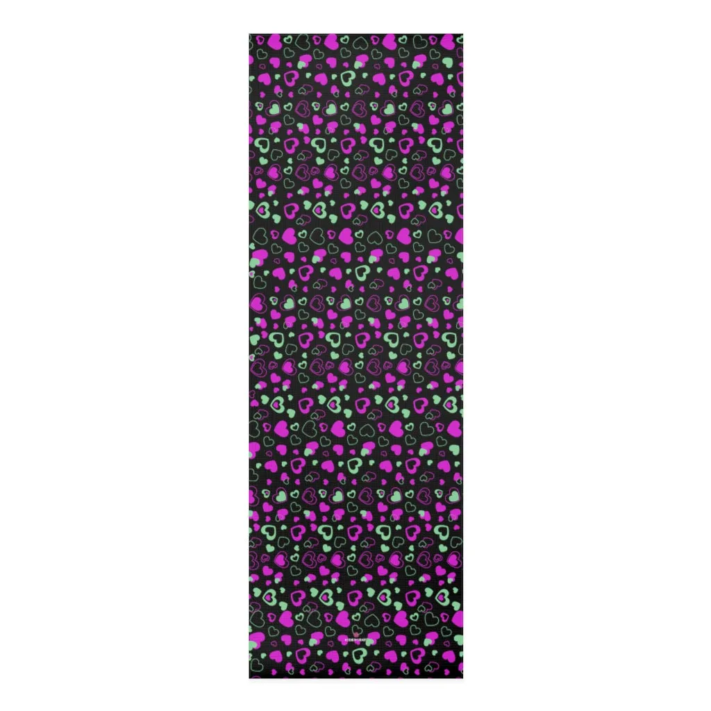 Black Hearts Foam Yoga Mat, Hearts Pattern Best Lightweight 0.25" thick Mat - Printed in USA (Size: 24″x72")