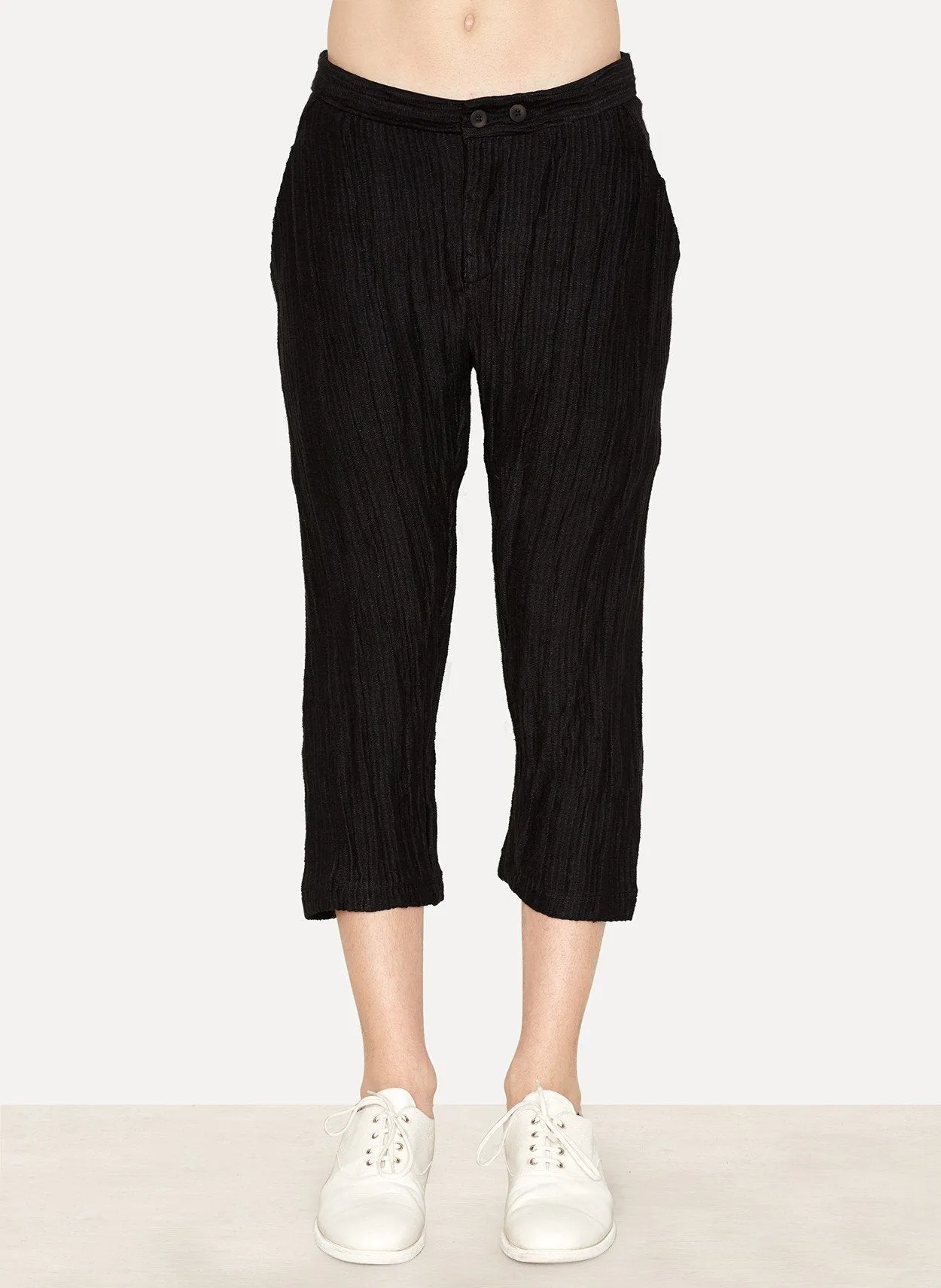 Black Linen Felpa Uneven Cropped Pant