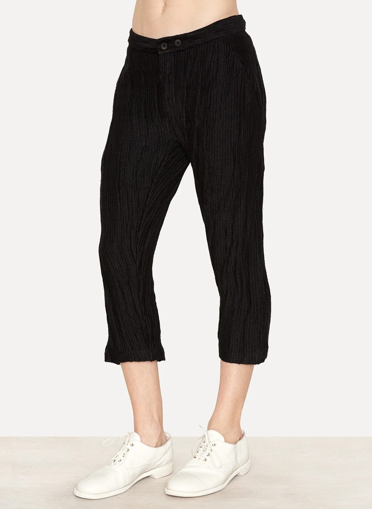 Black Linen Felpa Uneven Cropped Pant