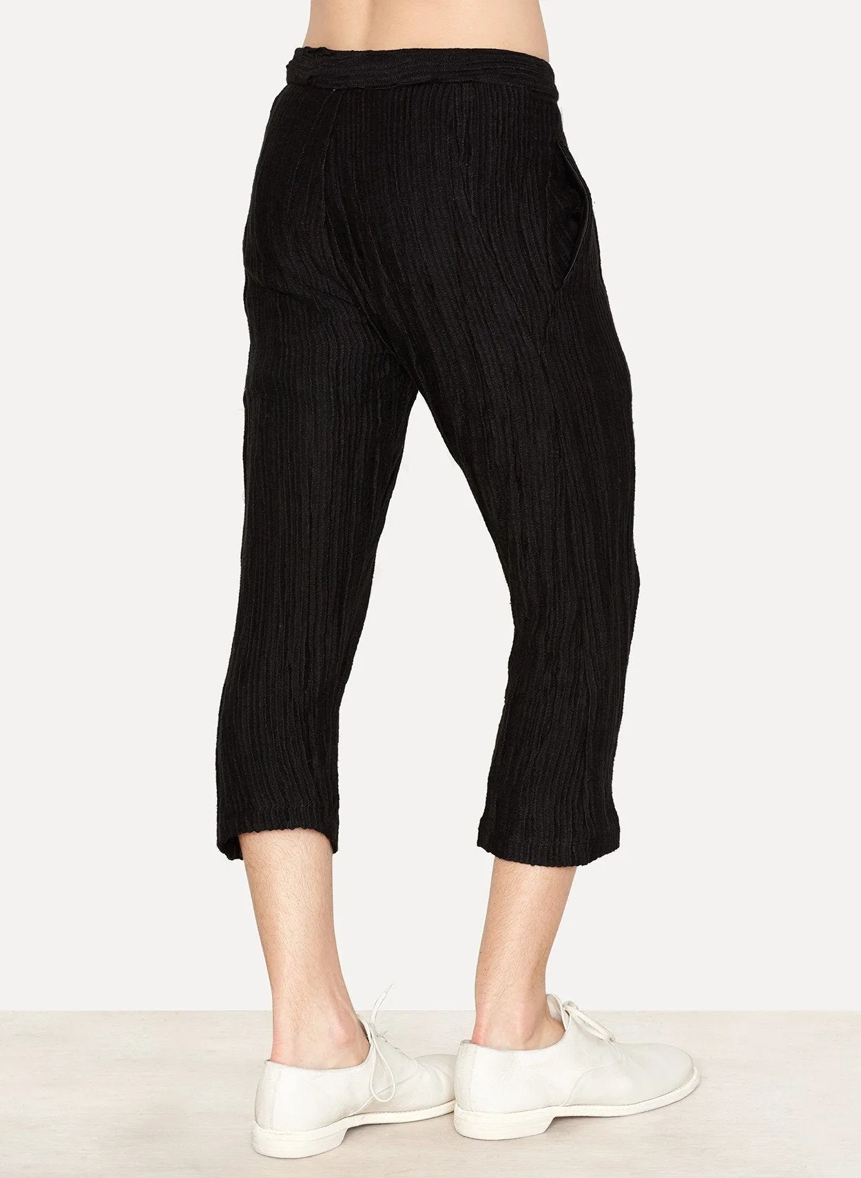 Black Linen Felpa Uneven Cropped Pant