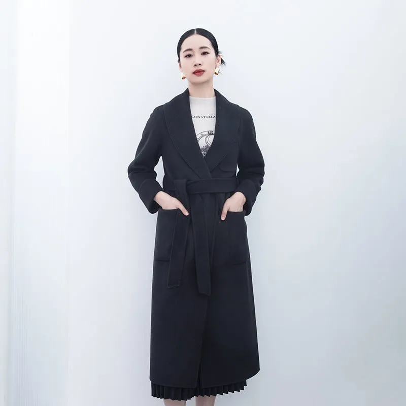 Black Long Belted Lapel Wool Trench Coats