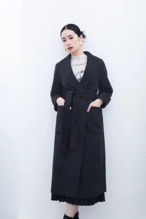 Black Long Belted Lapel Wool Trench Coats