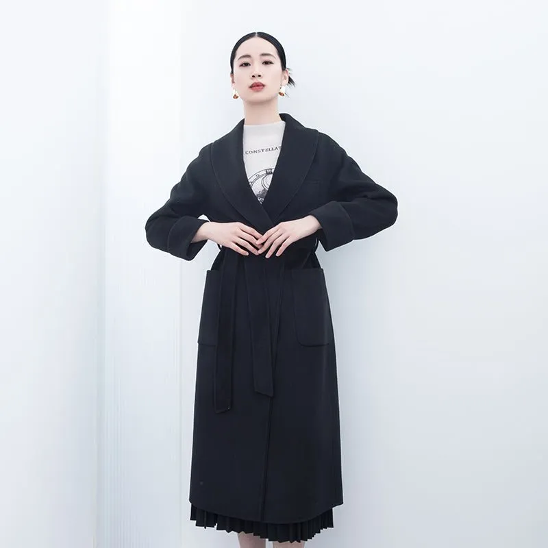 Black Long Belted Lapel Wool Trench Coats